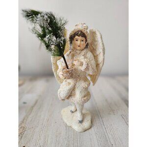 Flocked angel cherub girl tree statue figurine Xmas decor white